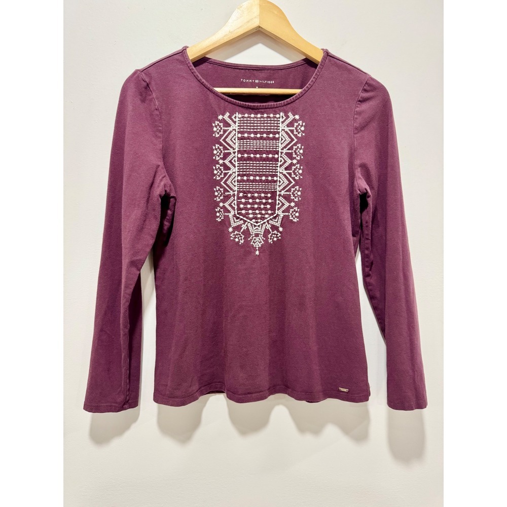 Tommy Hilfiger Womens Purple Embroidered Long Sleeve Top Size M Crew Neck Cotton